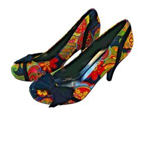 Flourish Women's High Heels Colorful Floral Paisley Round Toe Bow Shoes Size 7.5